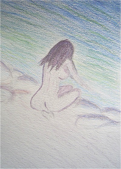 Femme à la rivière. Crayon de couleur aquarellable sur papier, 21x15, 2011