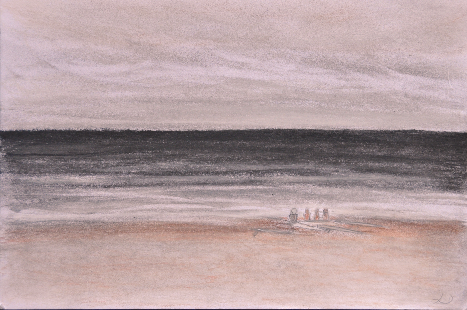 Waiting for the waves, plage du Metro. Sketch, crayon on paper, 16x24, 2017