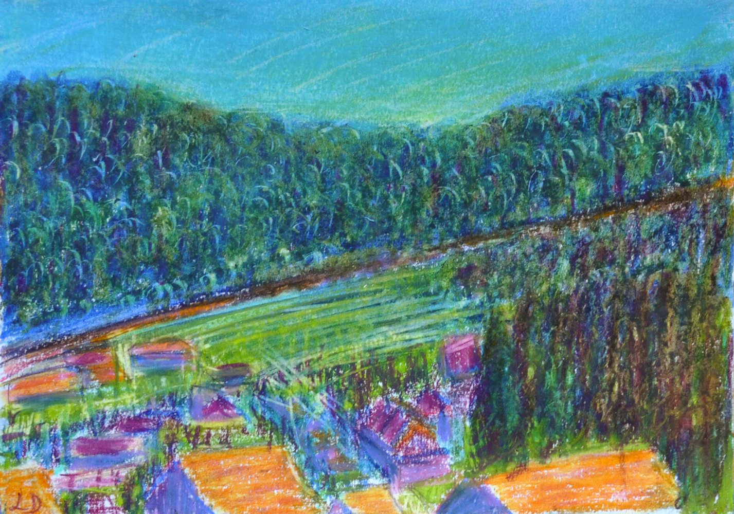 Les toits, Penthalaz, 1. Crayon et pastel à la cire sur papier, 14x21, 2019