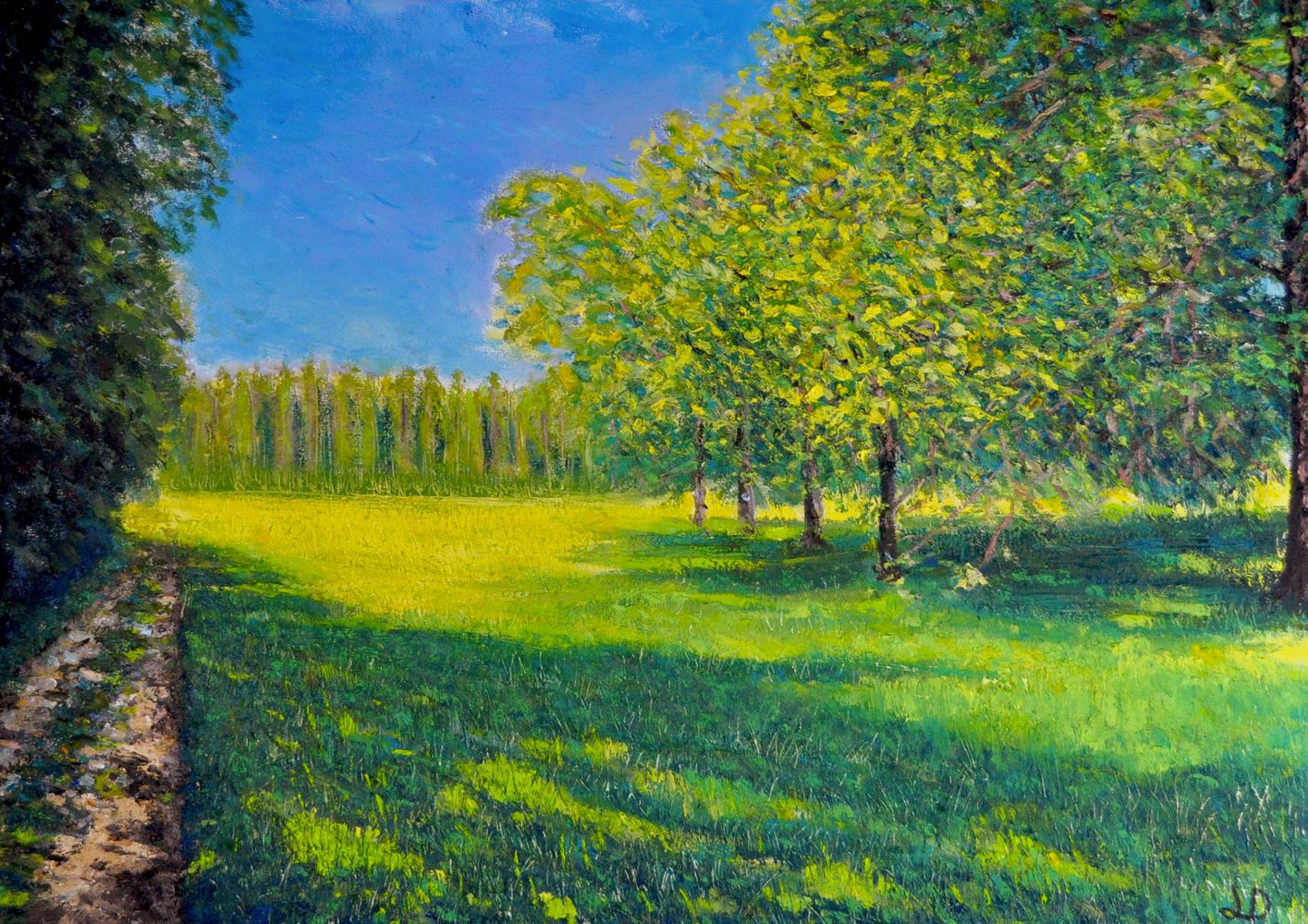 Field and walnut trees, Penthalaz. Oil on canvas. 50x70, 2018