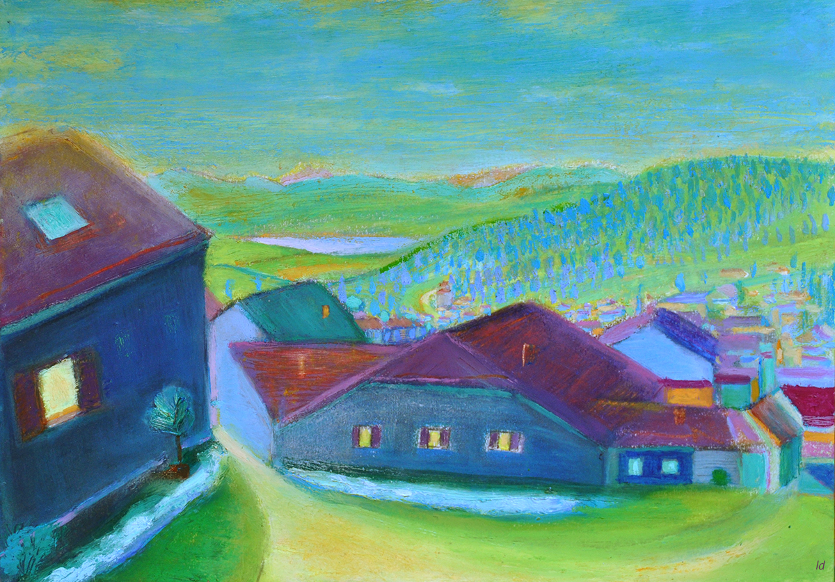 Les toits, Penthalaz, 12. Pastel à la cire et huile sur papier, 24x30, 2020
