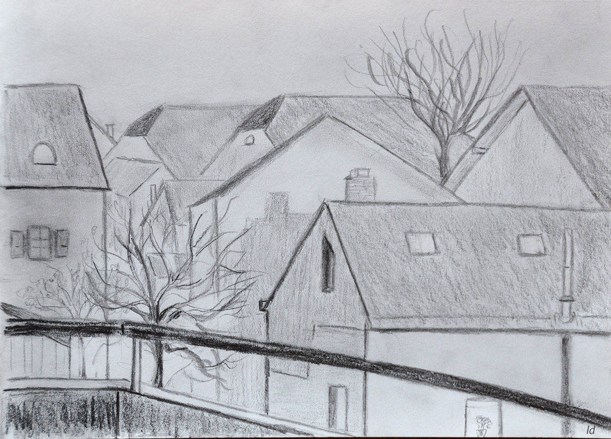 Les toits, Penthalaz. Esquisse sur papier, 24x30, 2020
