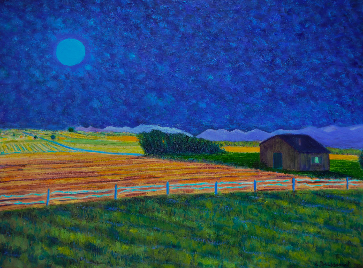 Les champs, 10, bleue lune. Huile sur papier, 56x76, 2021