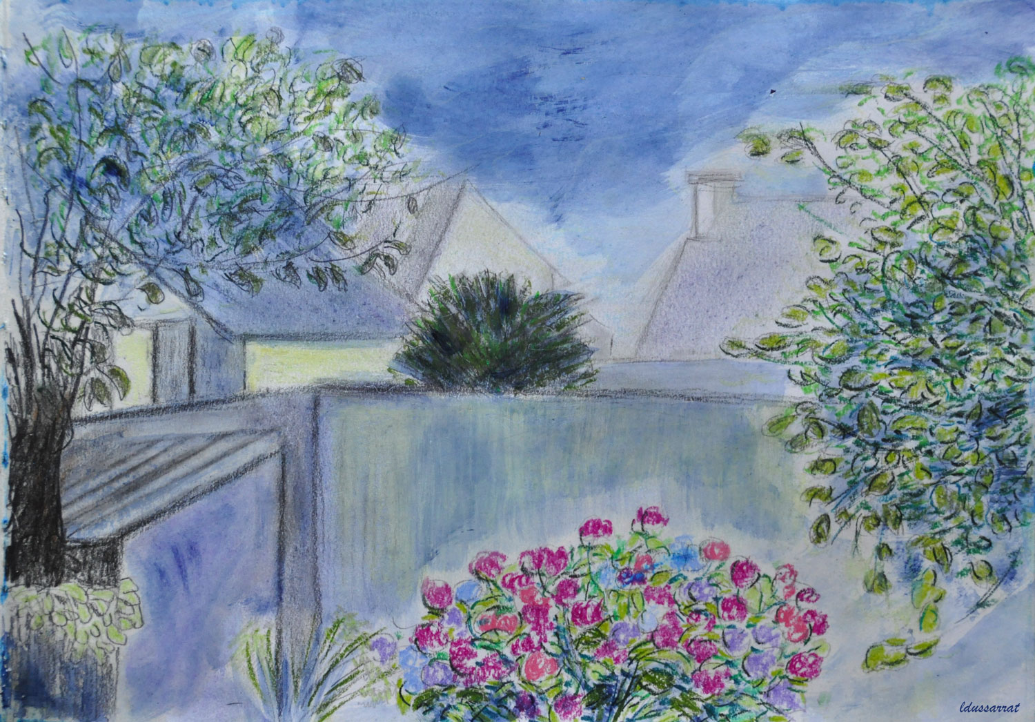 Le jardin, Beg-Meil. Crayon de couleur, pastel et huile sur papier, 21x29, 2021