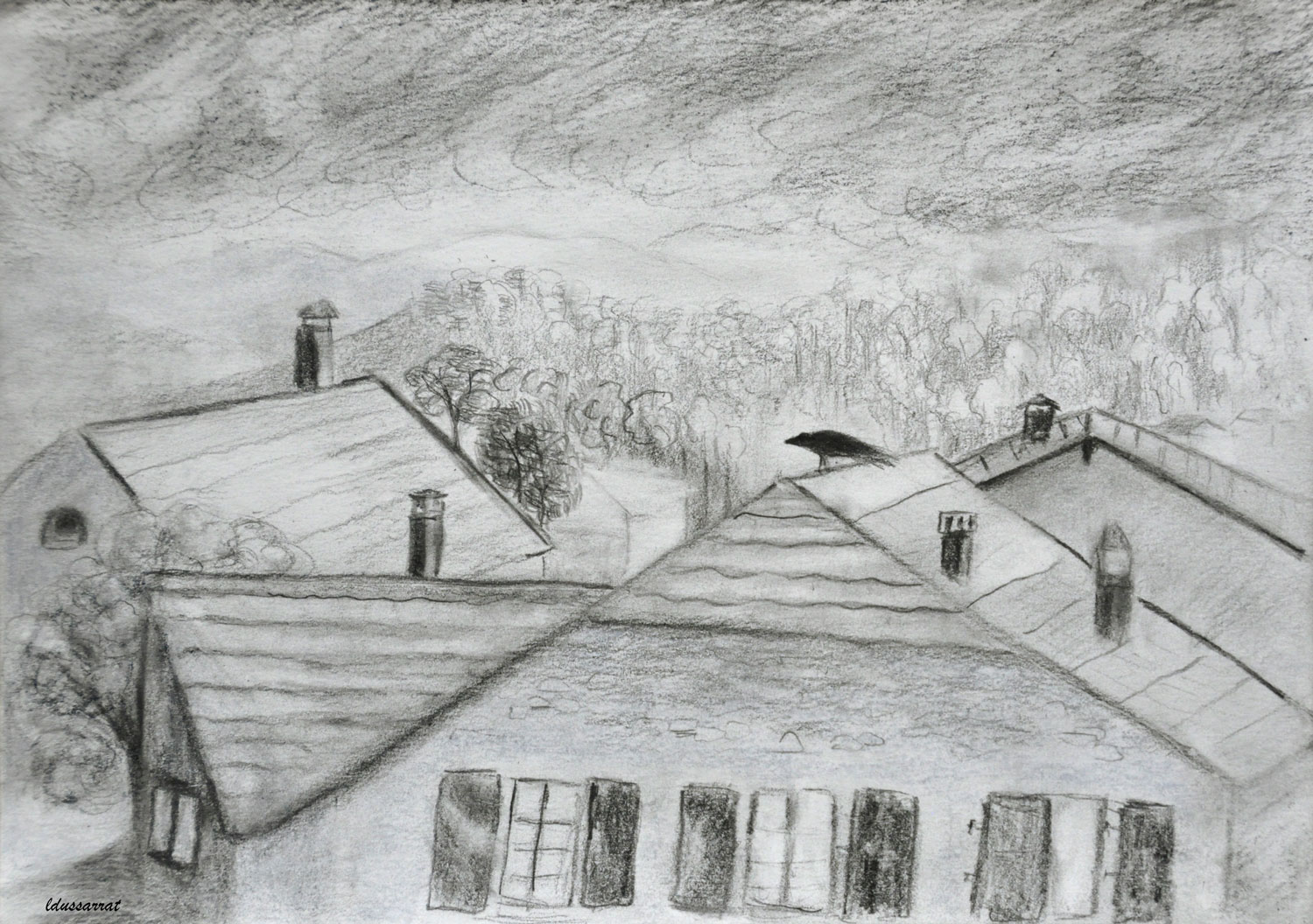 Les toits, Penthalaz, 23. Le corbeau. Crayon sur papier, 21x29, 2021