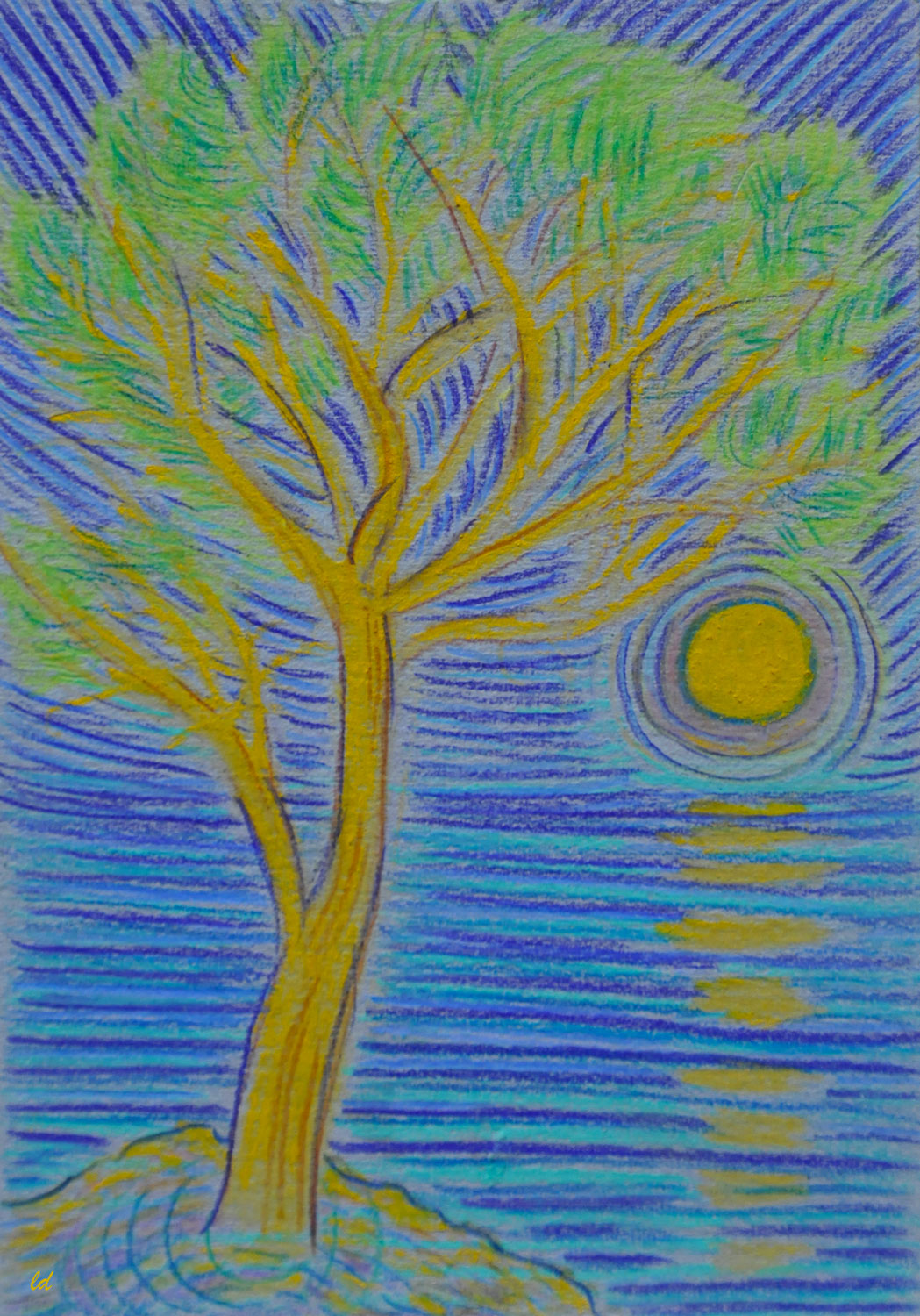 Cala Gonone 15, il pino sulla spiaggia. Crayon de couleur et pastel tendre sur carton, 21x15. 2021