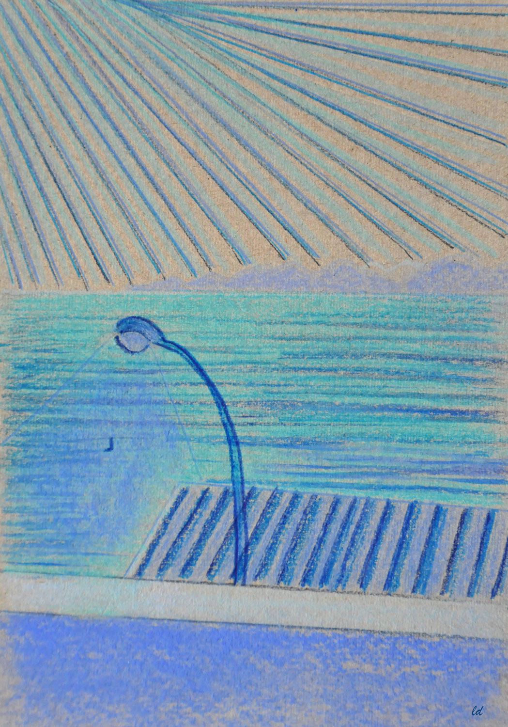 Cala Gonone, 6, Vista dal balcone. Crayon de couleur et pastel sec sur carton, 15x21, 2021