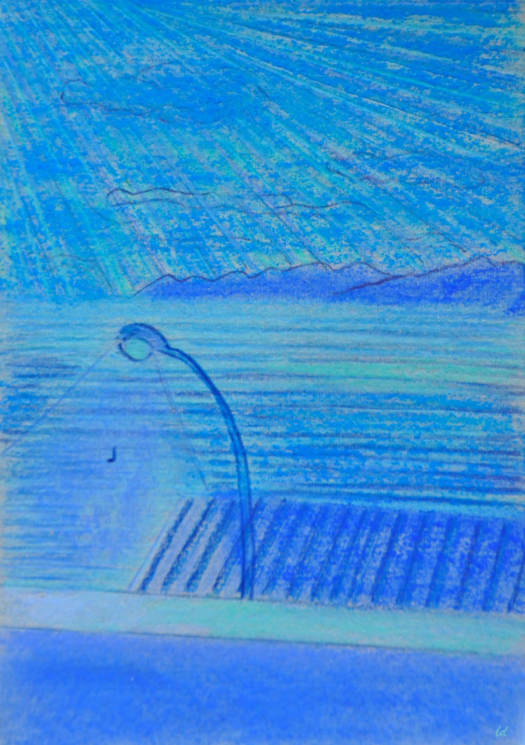 Cala Gonone, 6, Vista dal balcone. Crayon de couleur et pastel tendre sur carton, 15x21, 2021
