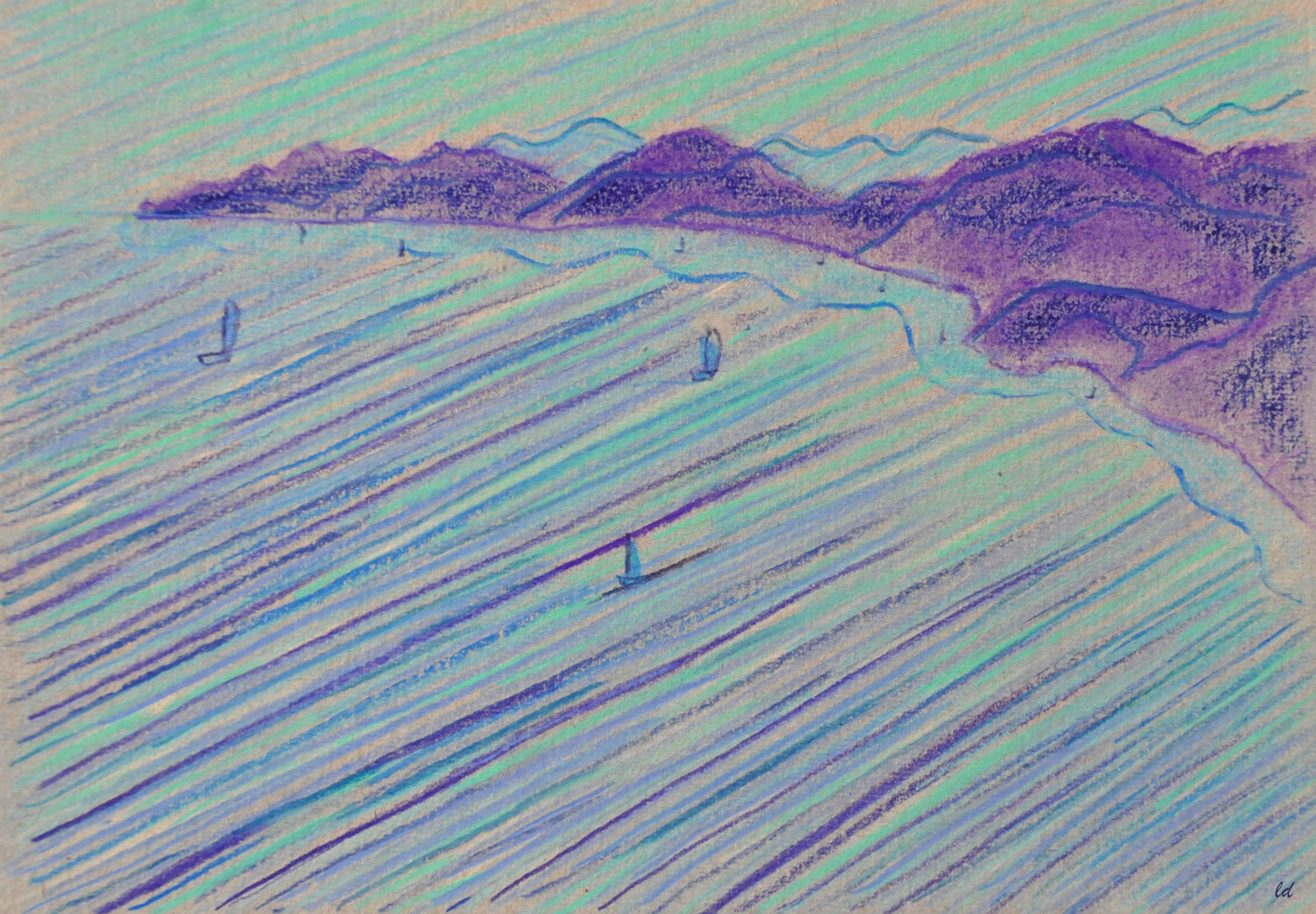 Cala Gonone, 1, Vista dal balcone. Crayon de couleur sur carton, 15x21, 2021