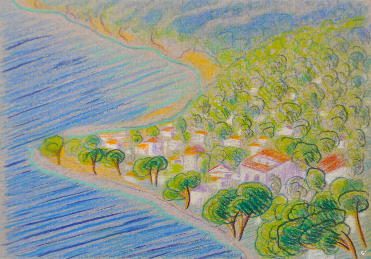 Cala Gonone, 2, Vista dal balcone. Crayon de couleur sur carton, 15x21, 2021