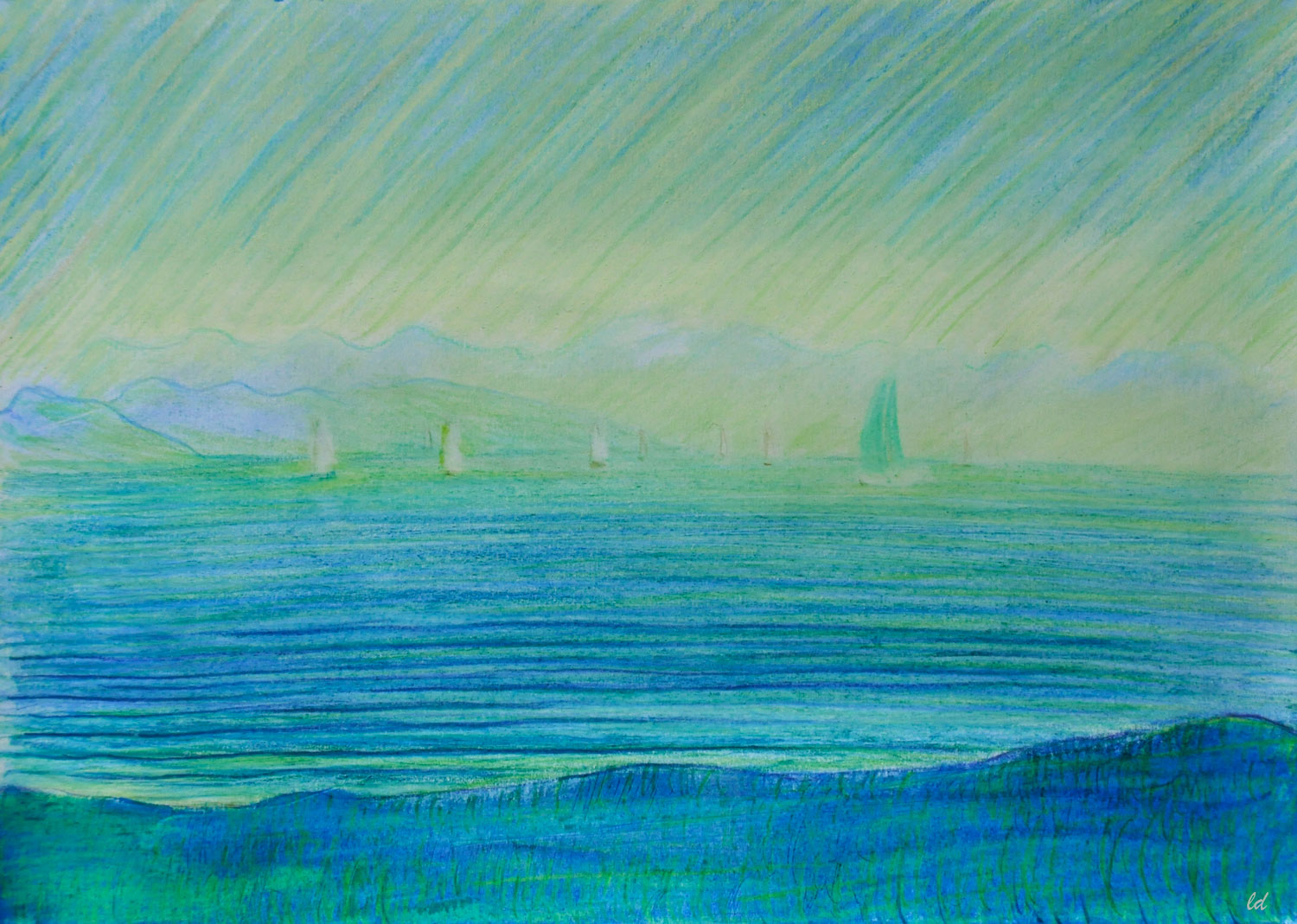 Lac Léman, St Prex, 29. Crayon de couleur, pastel et huile sur papier, 21x29, 2021
