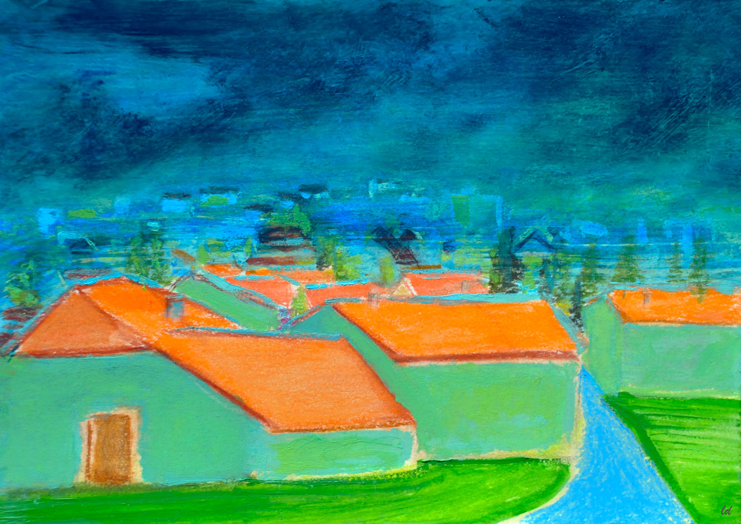 Les toits, Penthalaz, 25. Crayon, pastel et huile sur papier, 21x29, 2021