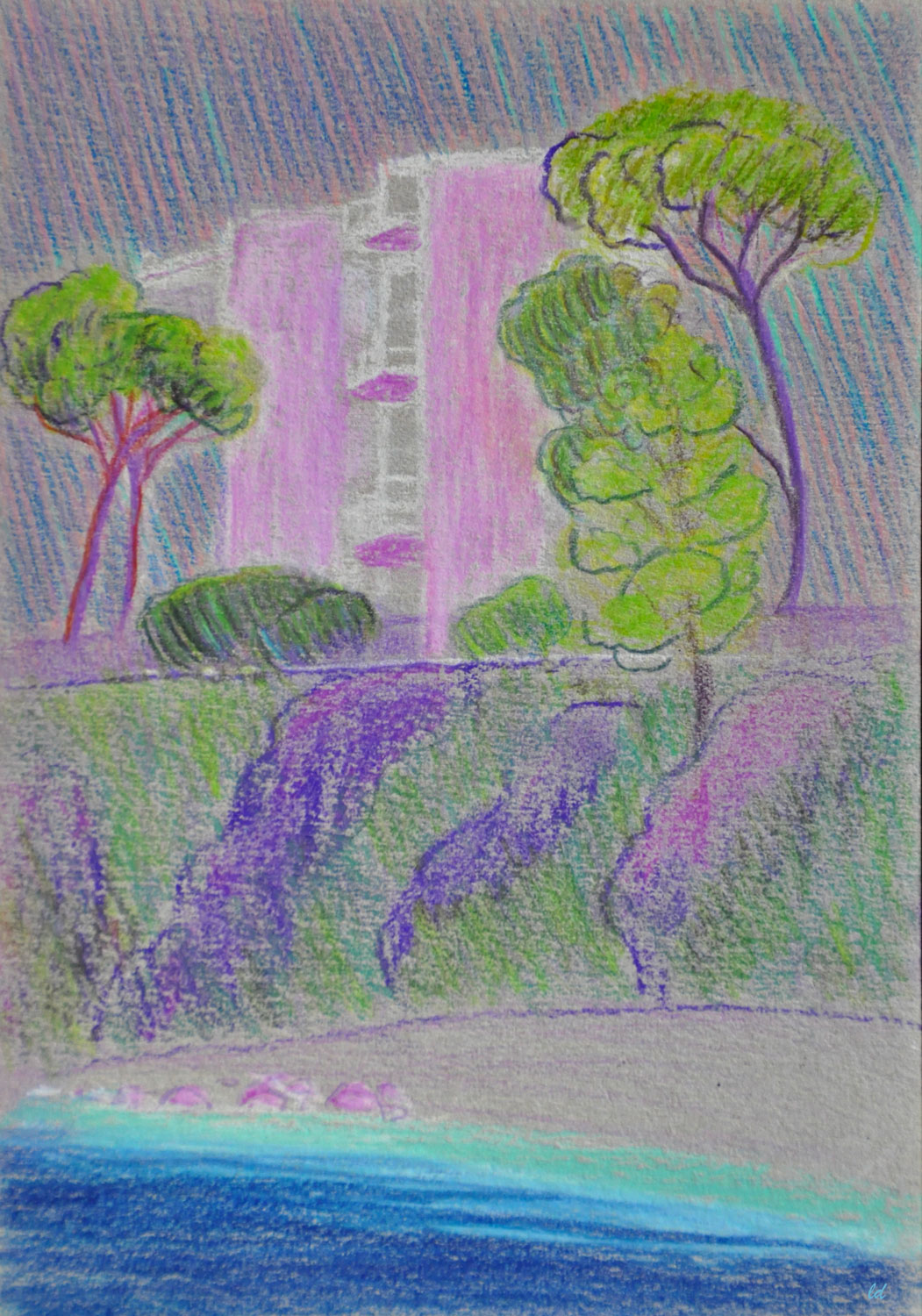 Cala Gonone, 4, Hôtel Cala Luna. Crayon de couleur sur carton, 15x21, 2021