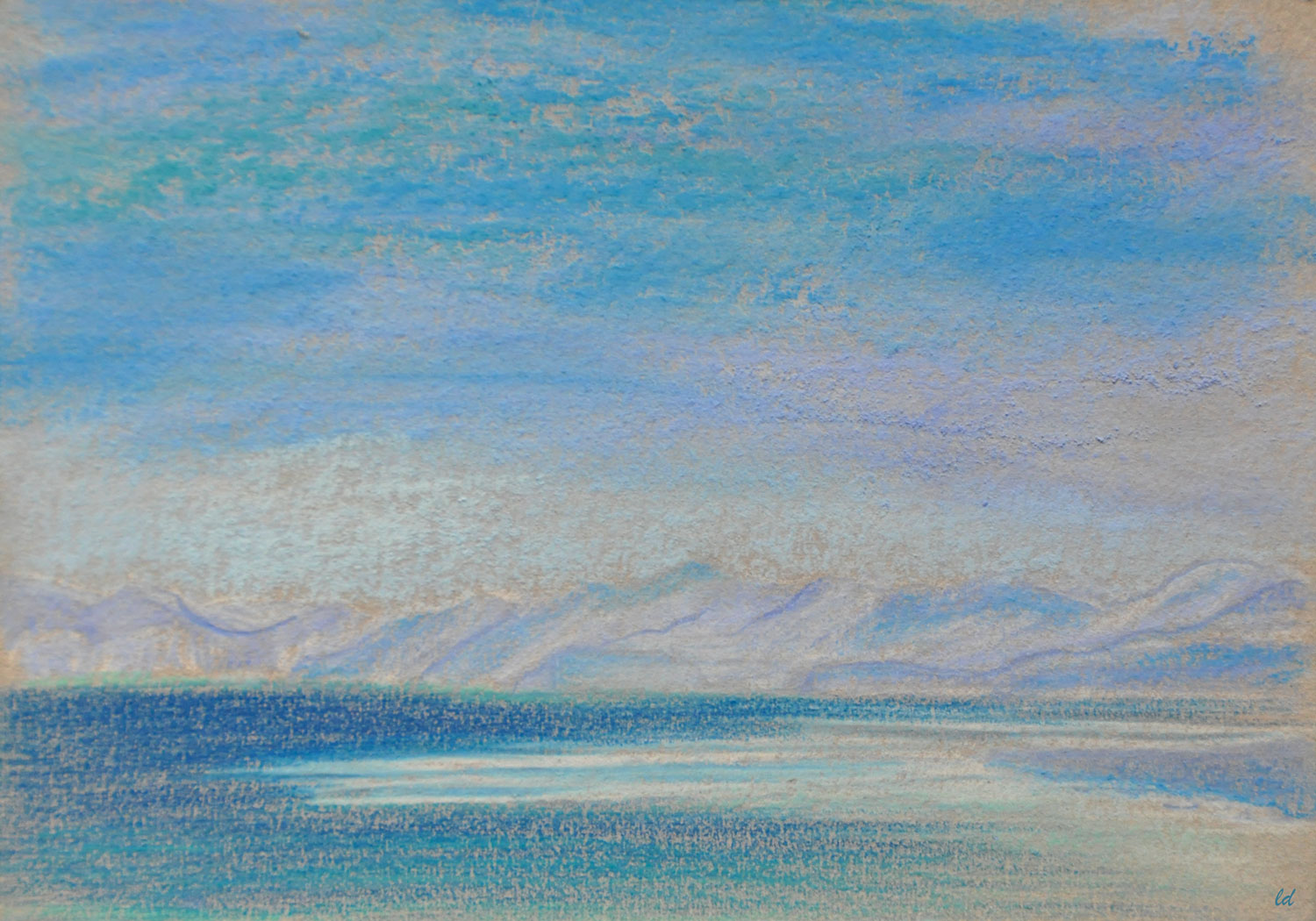 Cala Gonone, 7.  Vista dalla spiaggia centrale. Crayon de couleur et pastel tendre sur carton, 15x21, 2021