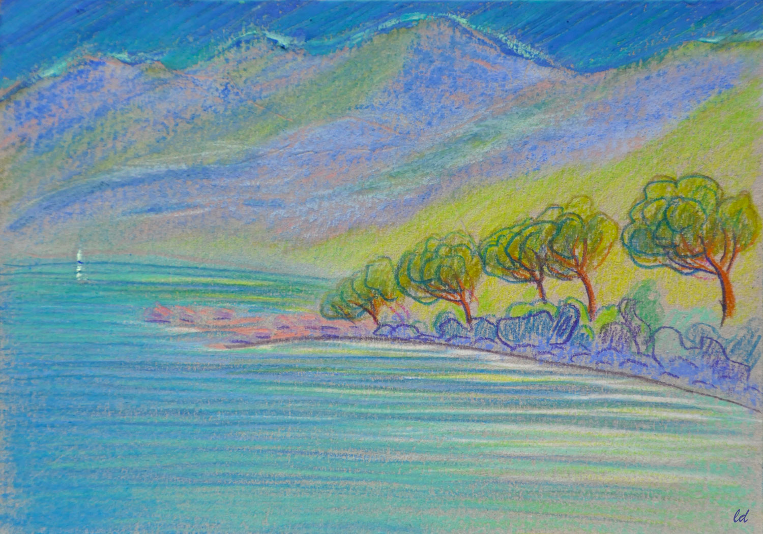 Cala Gonone, 9, Vista dalla spiaggia centrale. Crayon de couleur, pastel et huile sur carton, 15x21, 2021