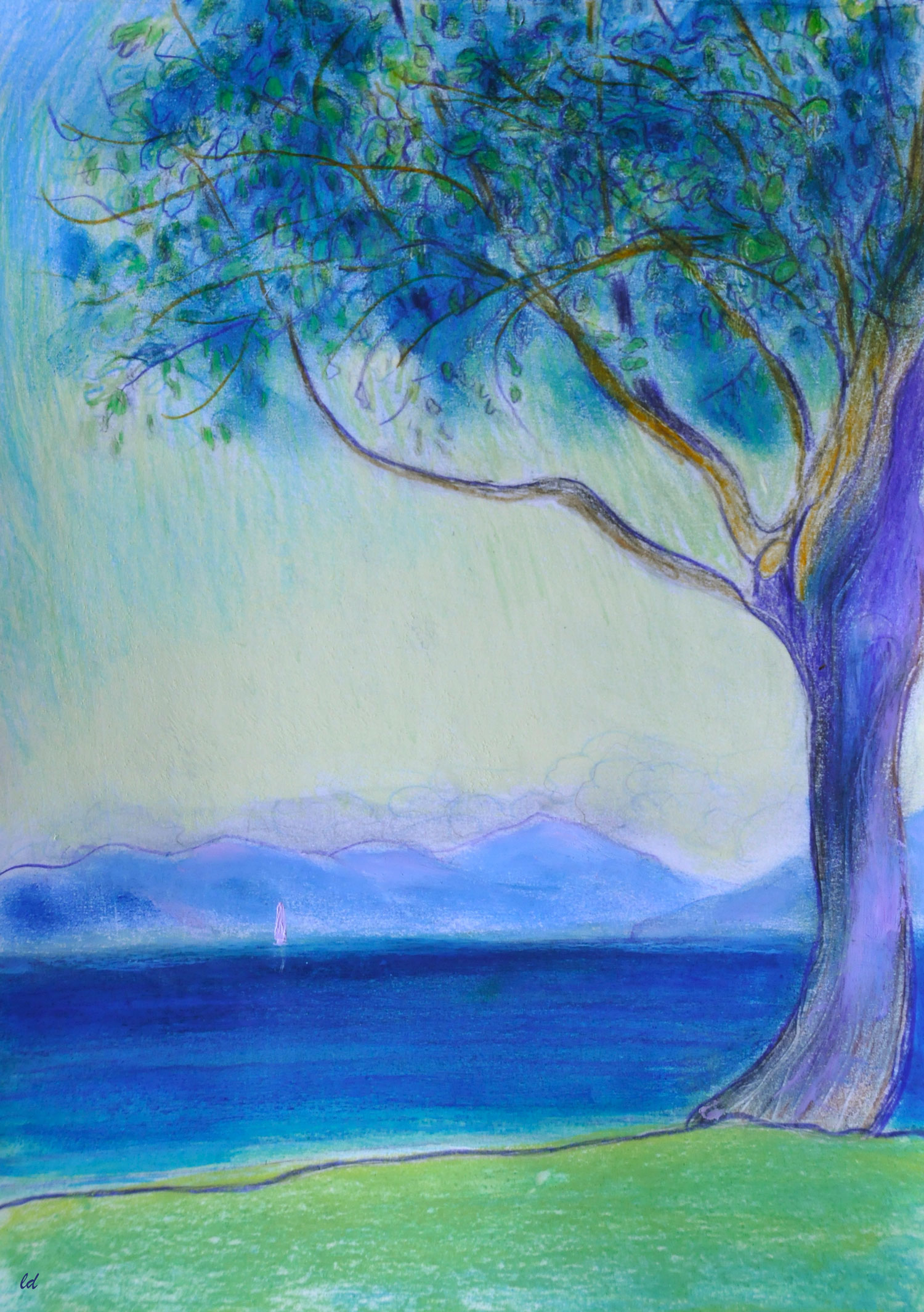 Lac Léman, St Prex, 30. Crayon de couleur, pastel et huile sur papier, 29x21, 2021