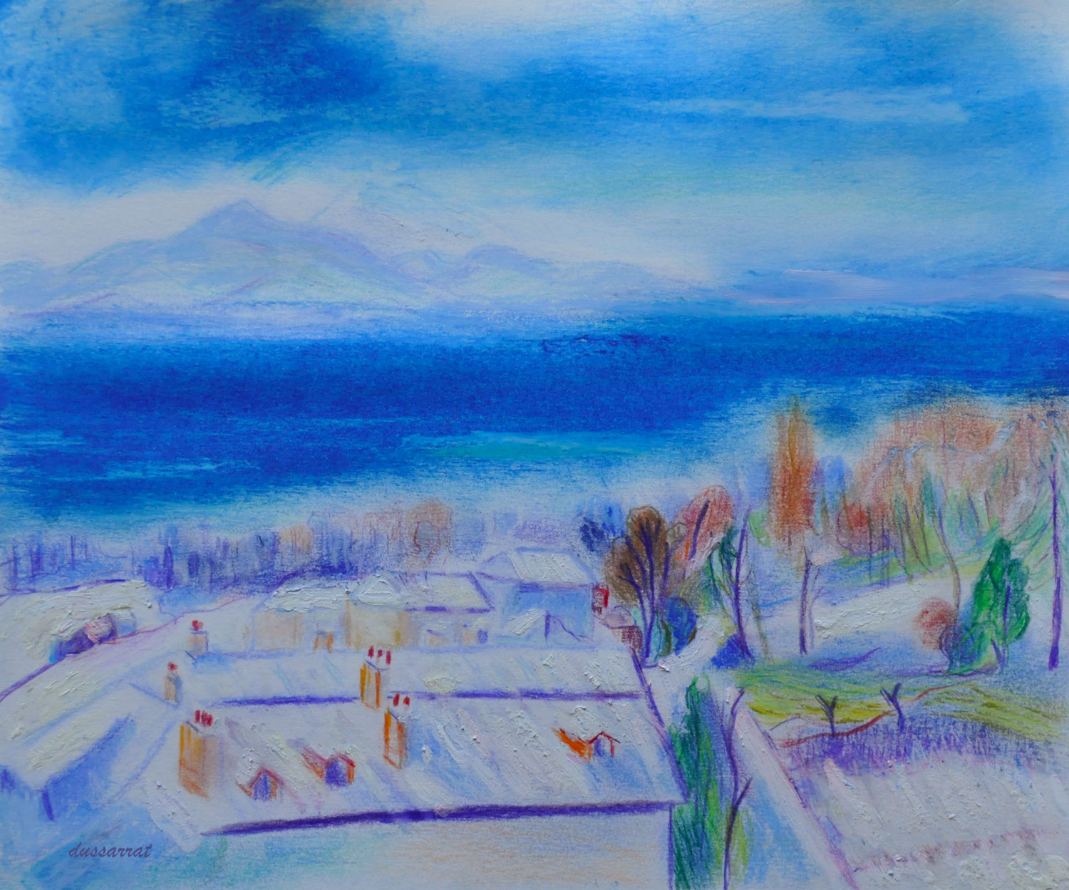 Lausanne sous la neige. Crayon de couleur, pastel et huile sur papier, 21x25, 2021. D'après Henri Manguin.