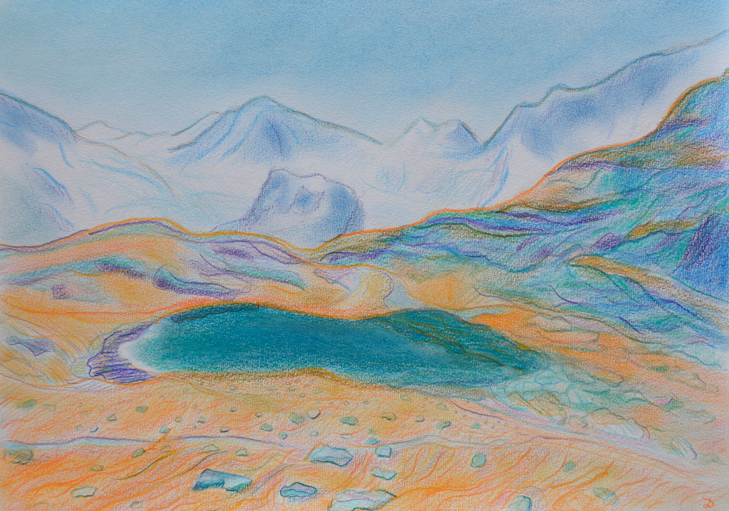Riffelsee, Zermatt. Crayon de couleur et pastel sur papier. 30x42, 2022