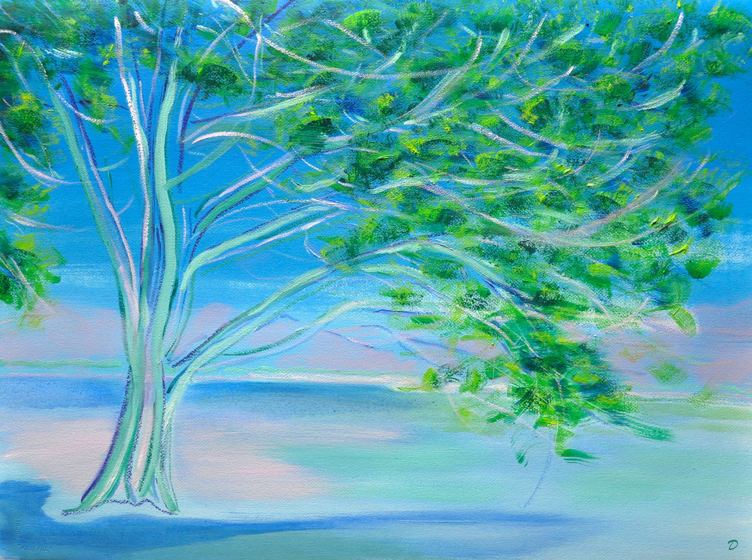 Un arbre au printemps, St Prex. Huile et pastel sur papier, 56x76, 2022