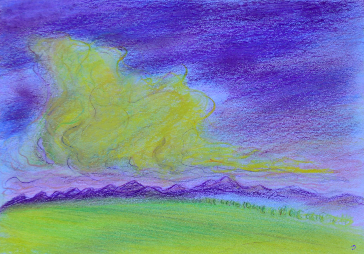 Etude de nuages, 12, Penthalaz. Crayon de couleur et pastel papier, 15x21, 2022