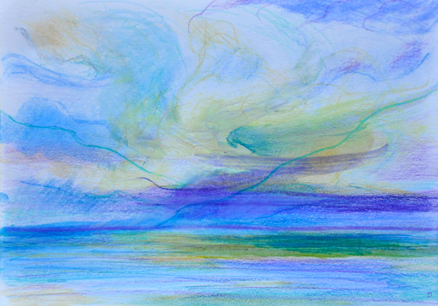 Etude de nuages, 11, St Prex. Crayon de couleur, pastel et huile sur papier, 15x21, 2022