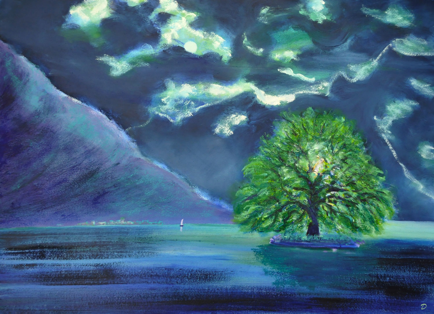 L'île de la jeune veuve, Lac Léman. Huile et pastel sur papier, 56 x76, 2022