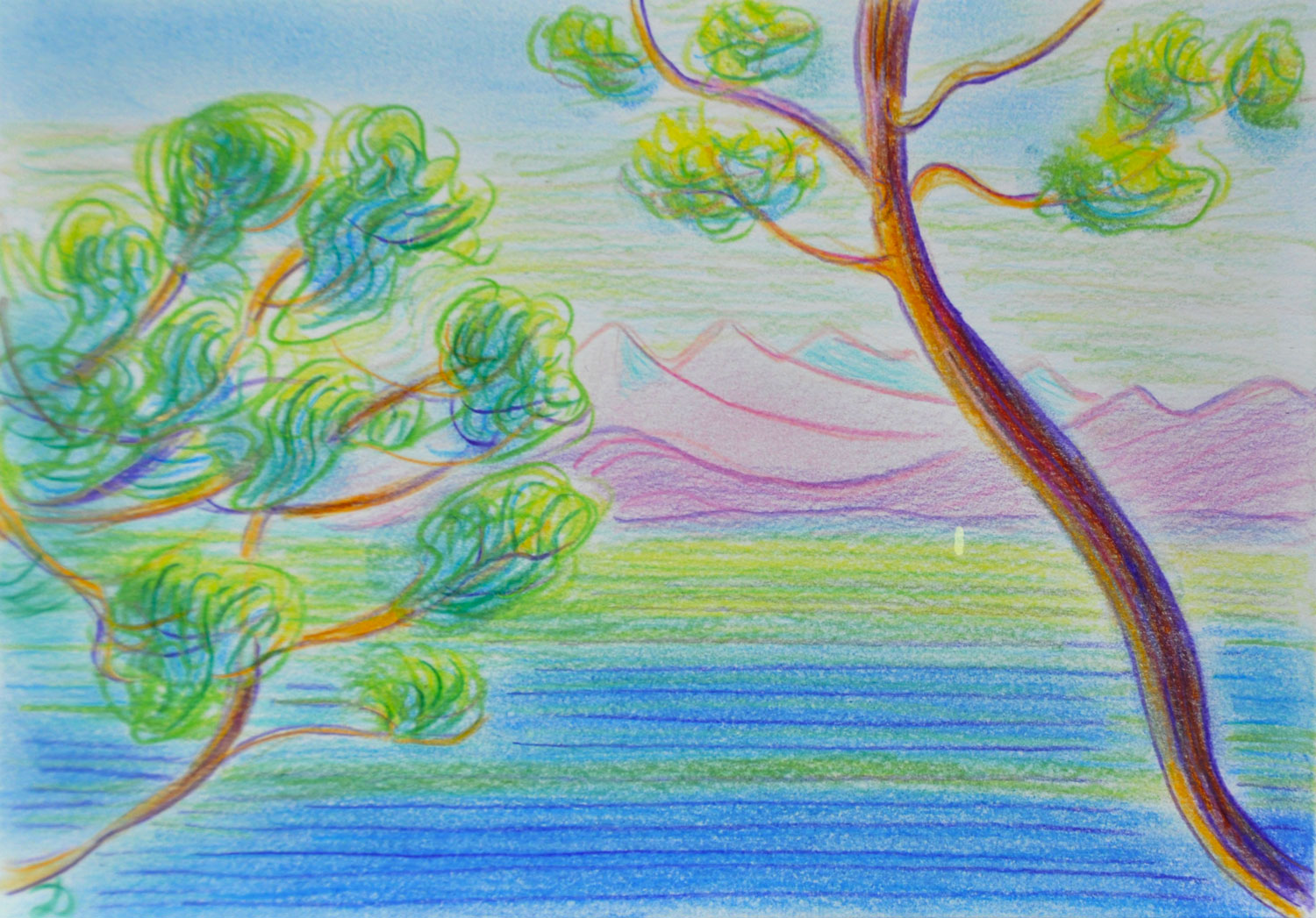 Lac Léman, Montreux, 1. Crayon de couleur et pastel sur papier, 15x21, 2022