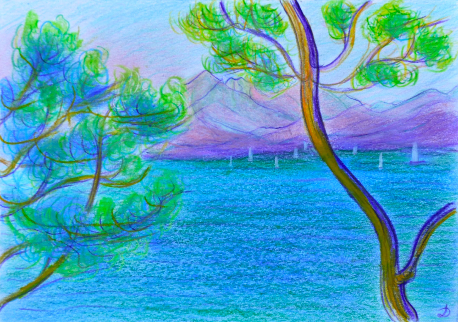 Lac Léman, Montreux, 2. Crayon de couleur et pastel sur papier, 15x21, 2022