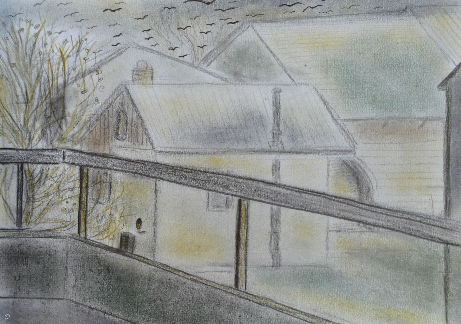 Les toits, Penthalaz, 27. Crayon et pastel sur papier, 21x29, 2022