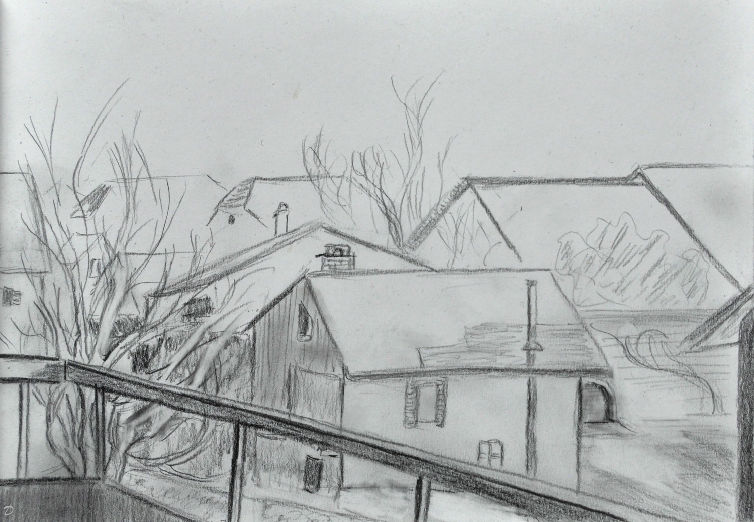 Les toits, Penthalaz, 28. Crayon sur papier, 21x29, 2022