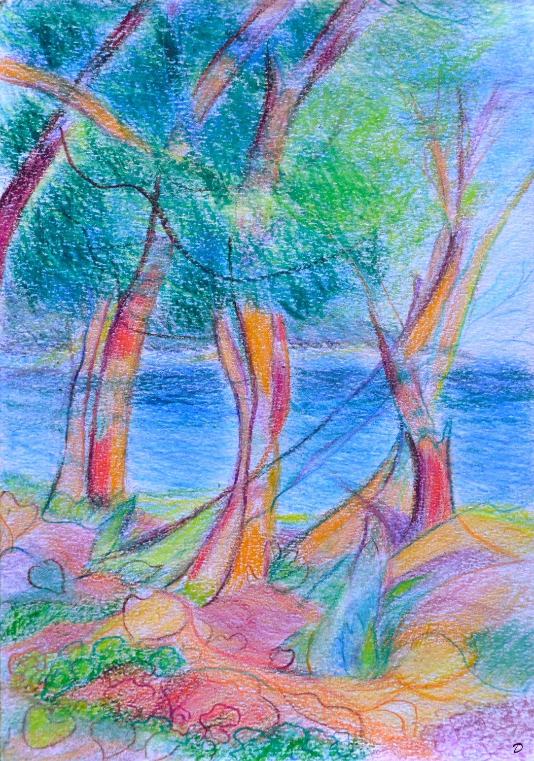 Les arbres à Cavalière. Crayon de couleur et pastel sur papier, 21x15, 2022. D'après Henri Manguin