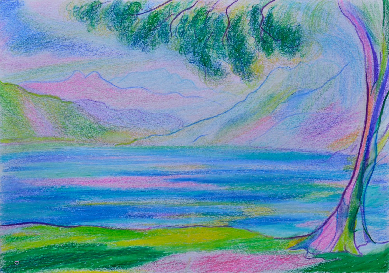 Lac Léman, St Prex, 36. Crayon de couleur et pastel sur papier, 21x29, 2022