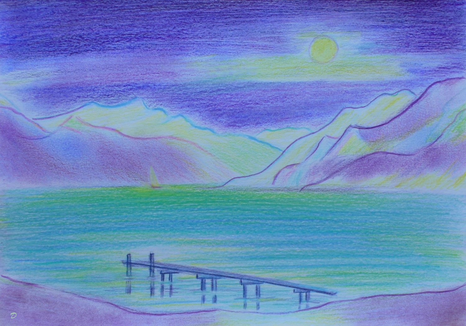 Lac Léman, St Prex, 35. Crayon de couleur et pastel sur papier, 21x29, 2022