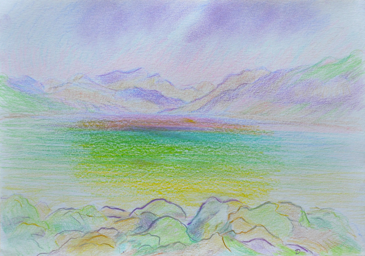 Lac Léman, St Prex, 41. Crayon de couleur et pastel sur papier, 21x29, 2022
