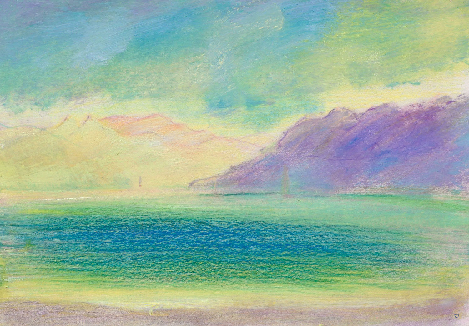 Lac Léman, St Prex, 38. Crayon de couleur, pastel et huile sur papier, 21x29, 2022