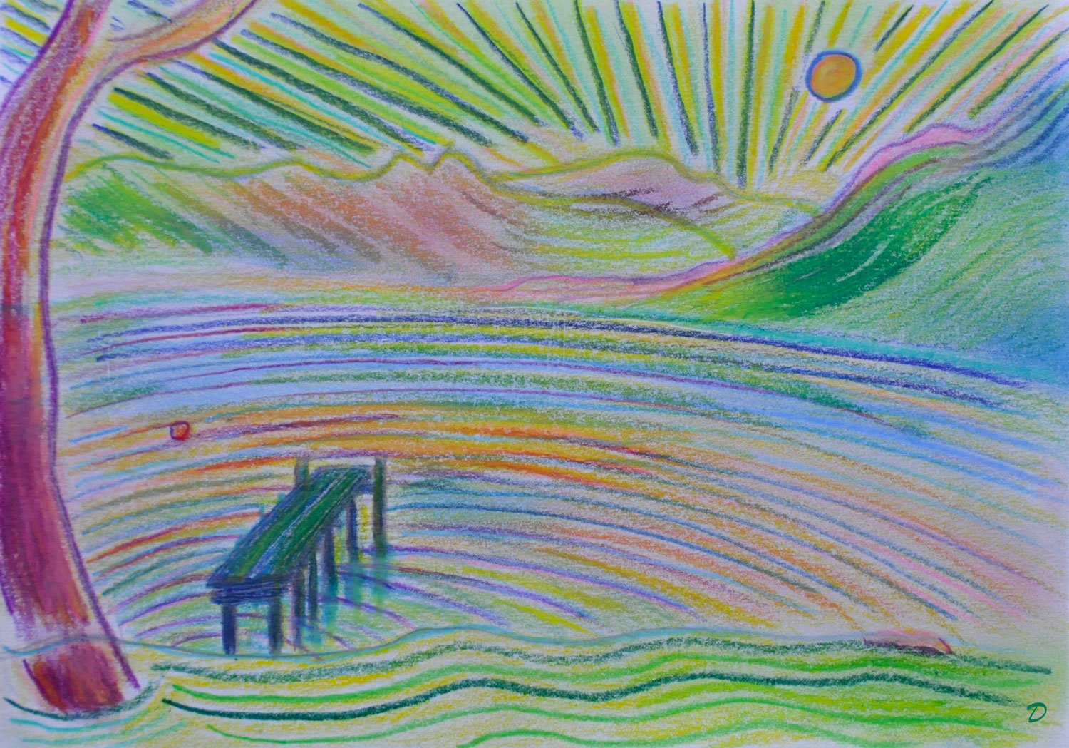 Lac Léman, St Prex, 40. Crayon de couleur et pastel sur papier, 15x21, 2022