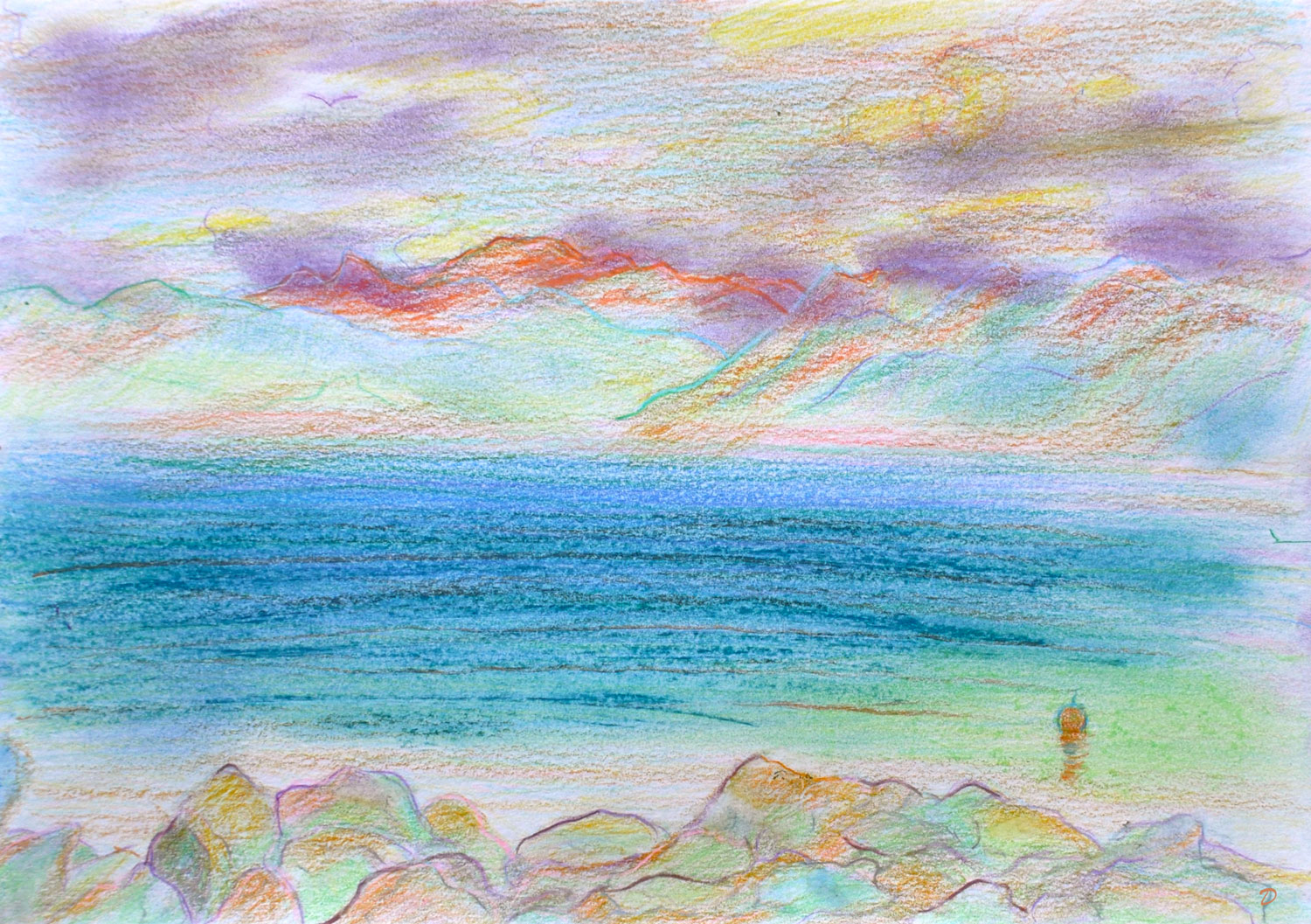 Lac Léman, St Prex, 42. Crayon de couleur et pastel sur papier, 21x29, 2022