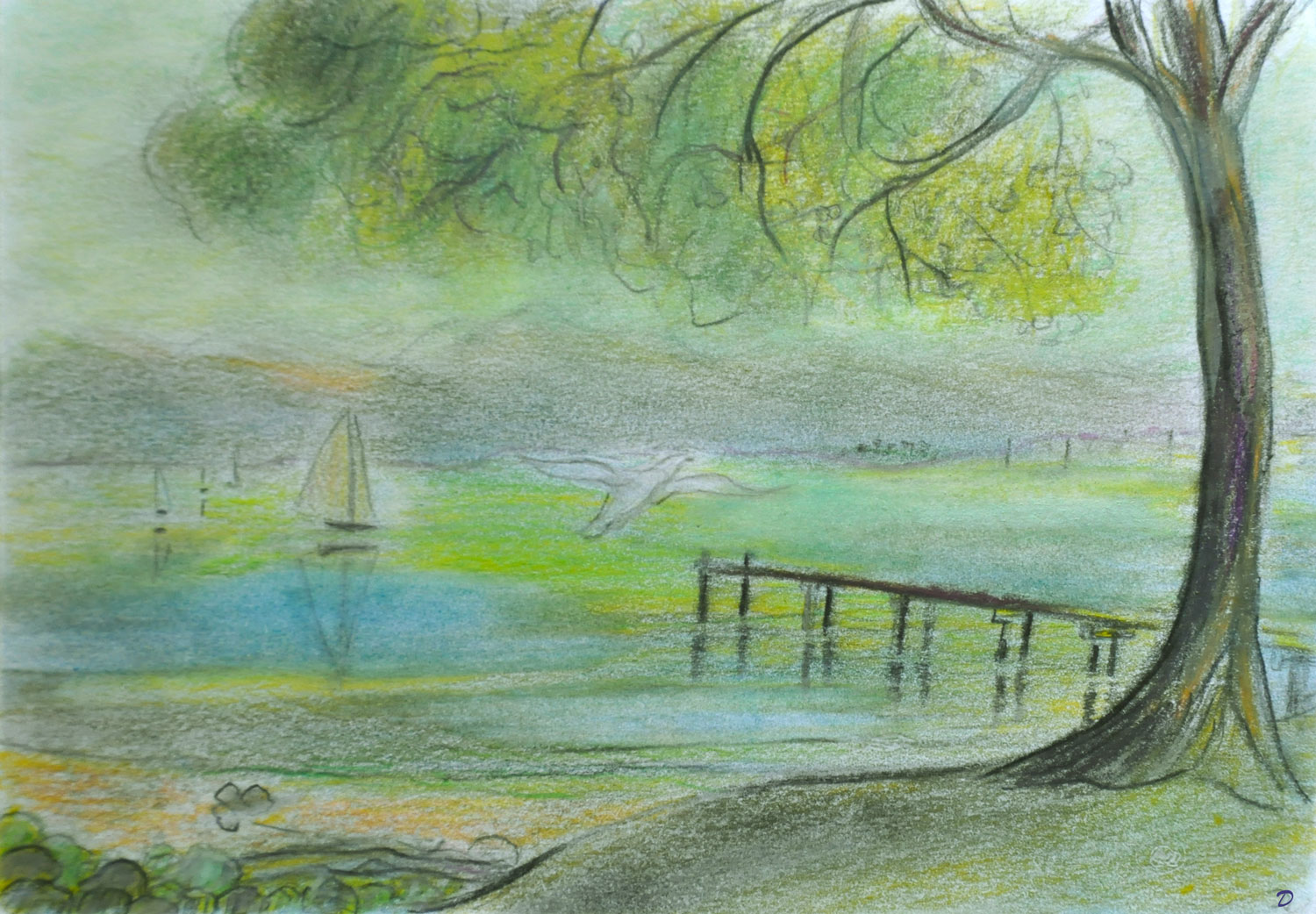 Lac Léman, St Prex, 46. Crayon et pastel sur papier, 15x21, 2022