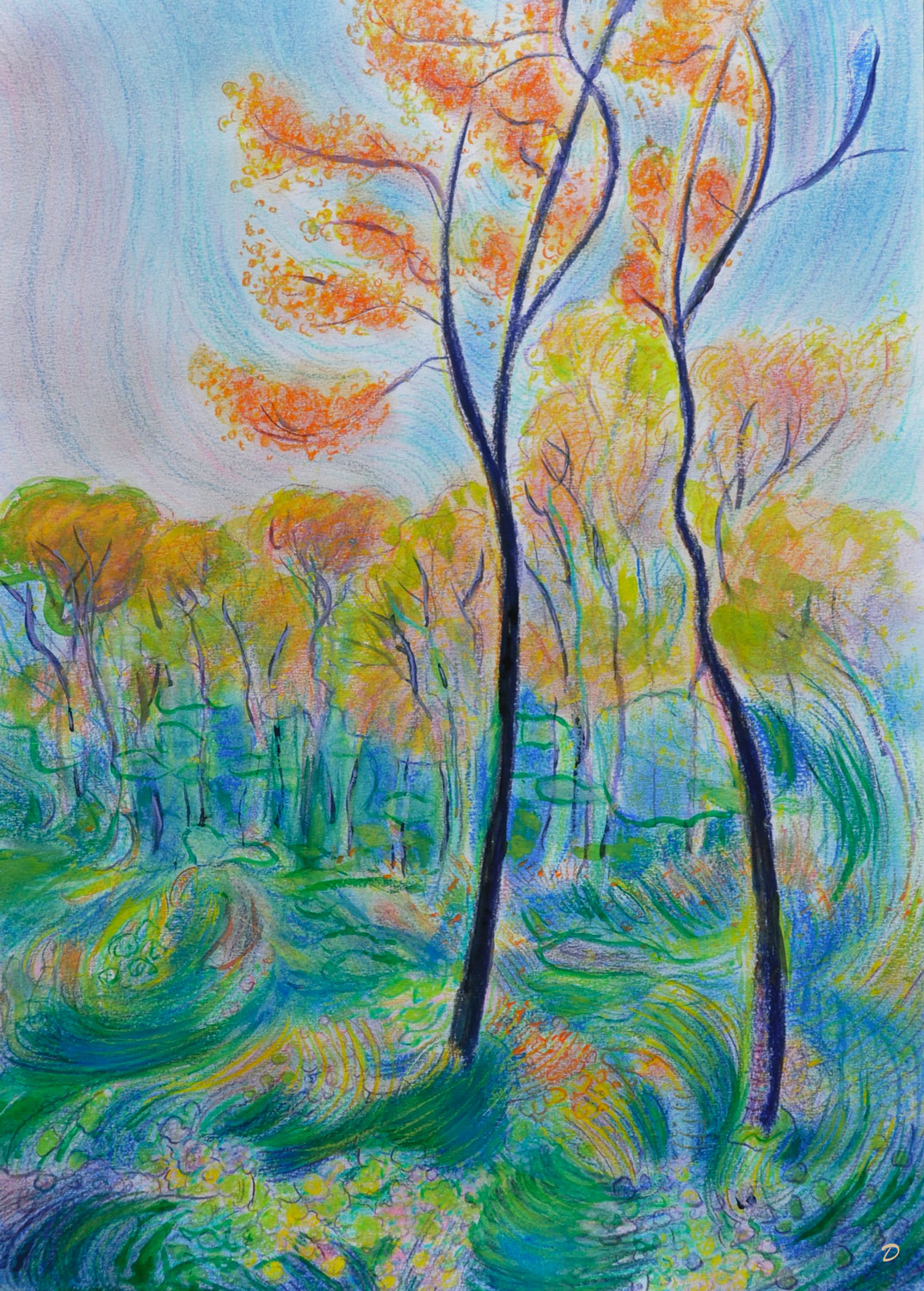 Forêt, 17. Crayon de couleur et aquarelle, pastel tendre et à la cire sur papier. 42x30, 2022