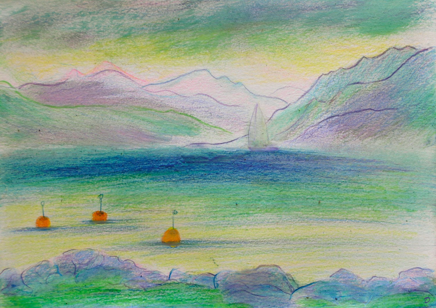 Lac Léman, St Prex, 45. Crayon de couleur,  pastel et huile sur papier, 21x29, 2022