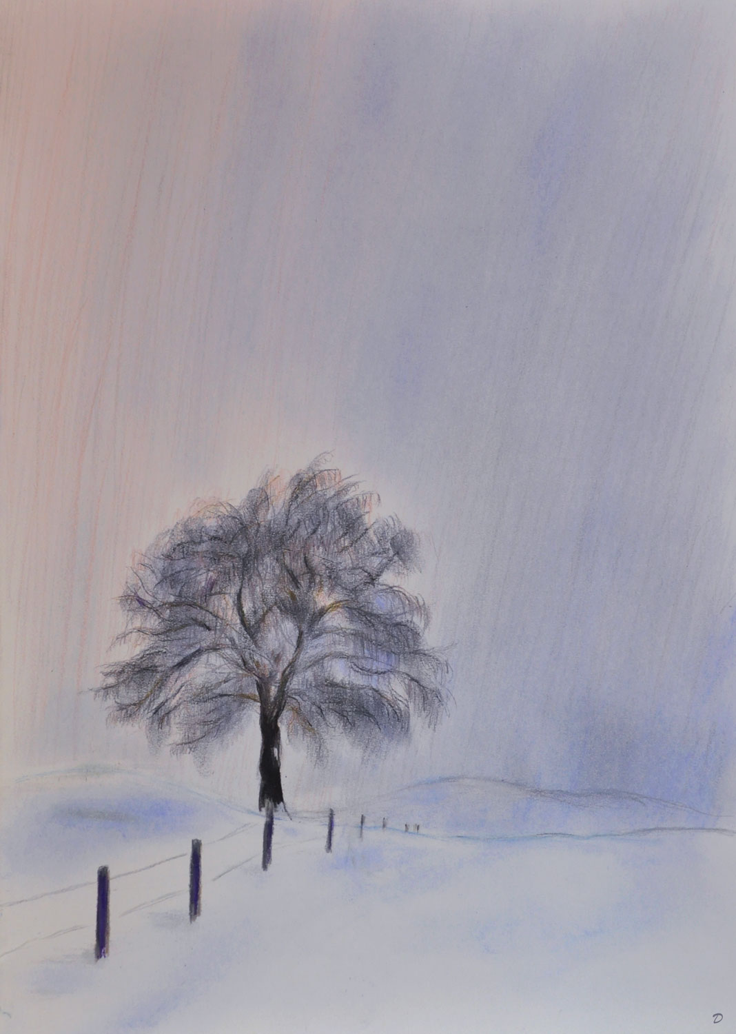 Arbre en hiver, Penthalaz, 2. Crayon de couleur et pastel sur papier, 42x30, 2022