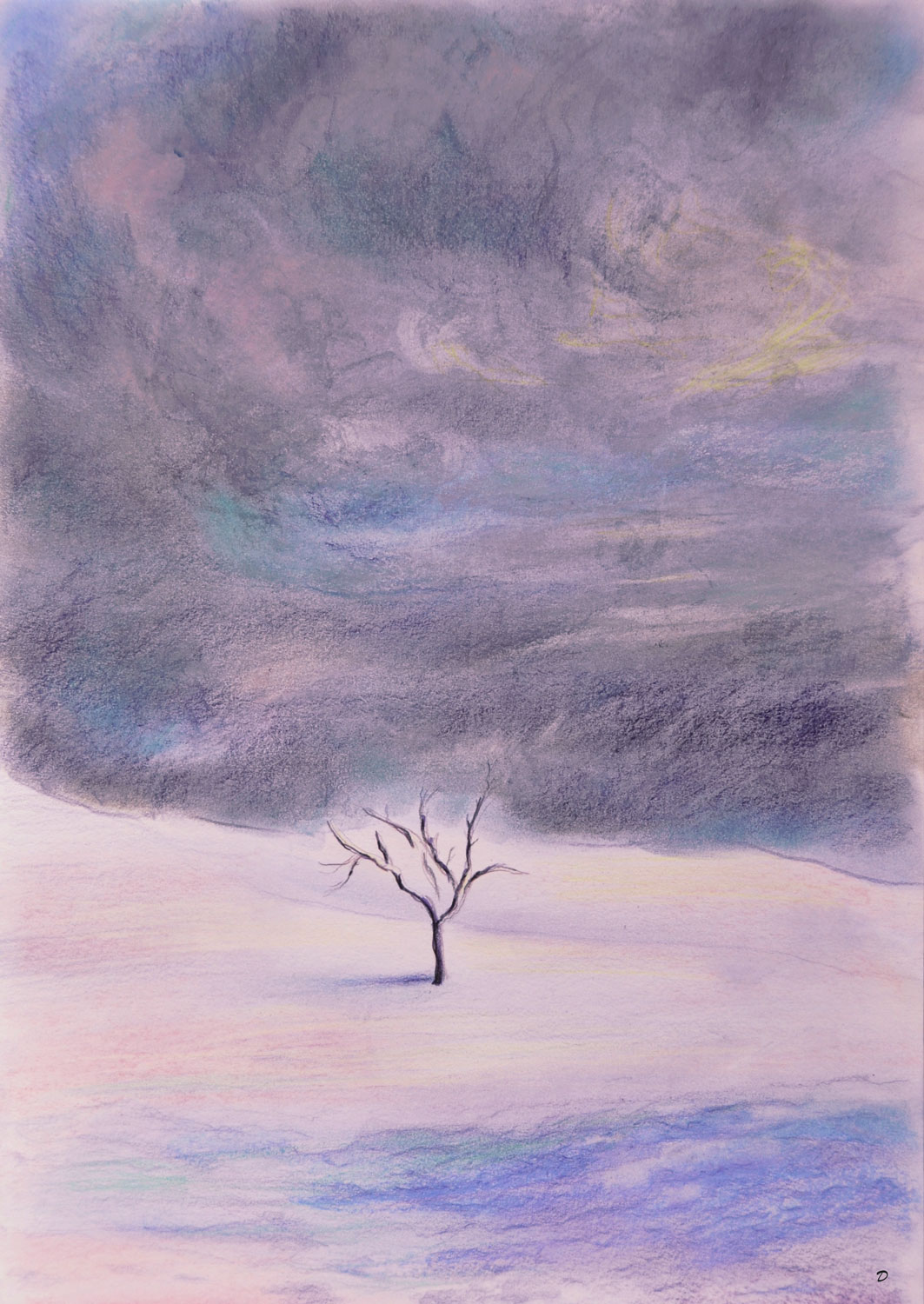Arbre en hiver, Penthalaz, 3. Crayon de couleur et pastel tendre sur papier, 42x30, 2023