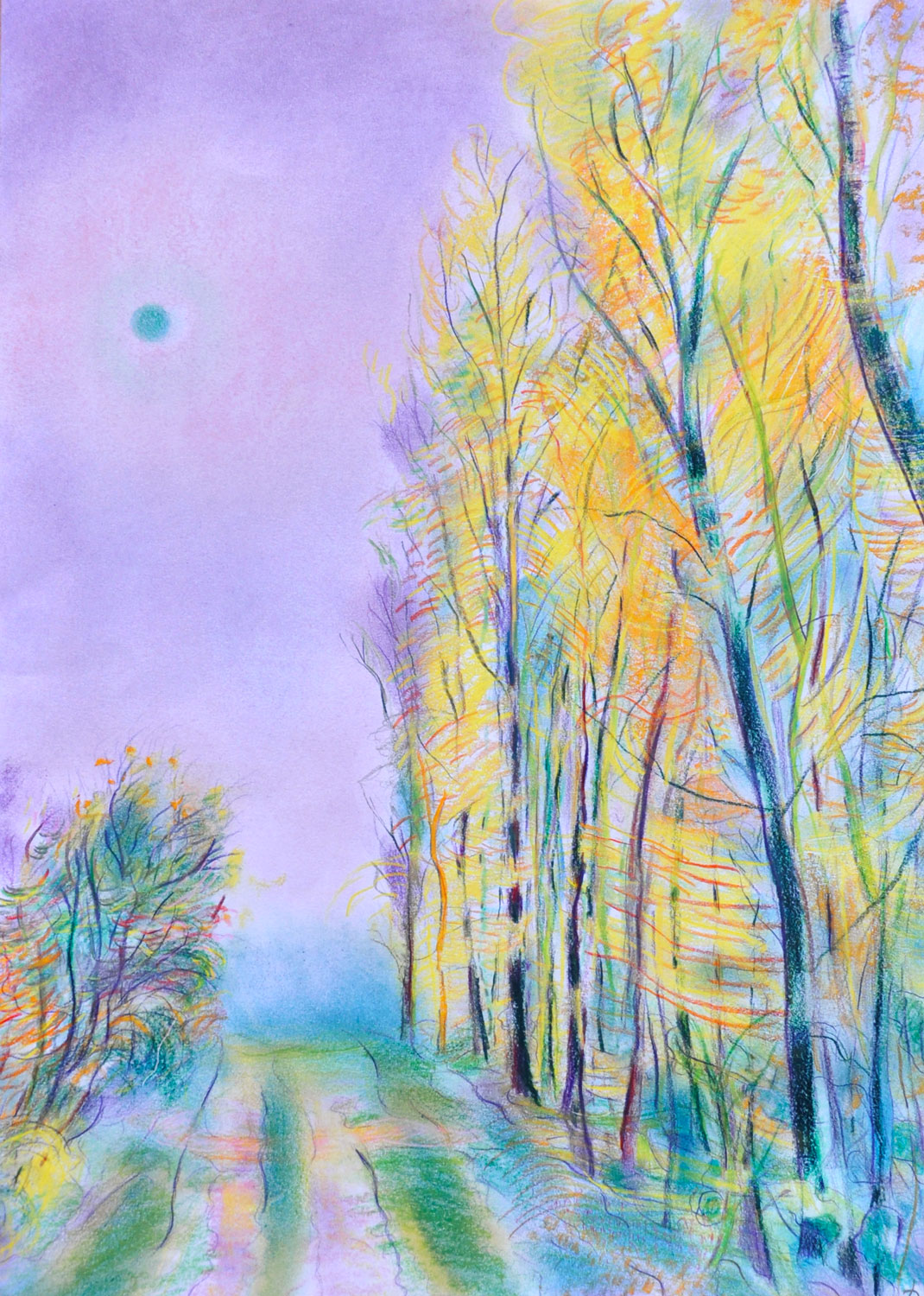 Forêt, 32. Crayon de couleur et pastel tendre sur papier. 42x30, 2023