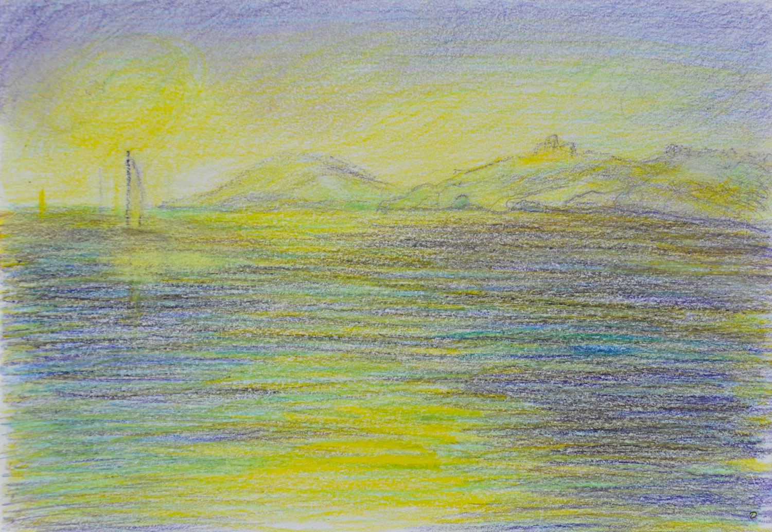 Loin Port Vendres 3, Crayon de couleur sur papier, 15x21, 2022