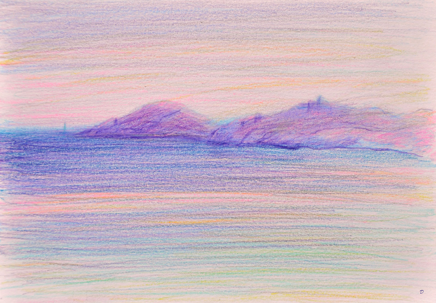 Loin Port-Vendres 4, Crayon de couleur sur papier, 15x21, 2022