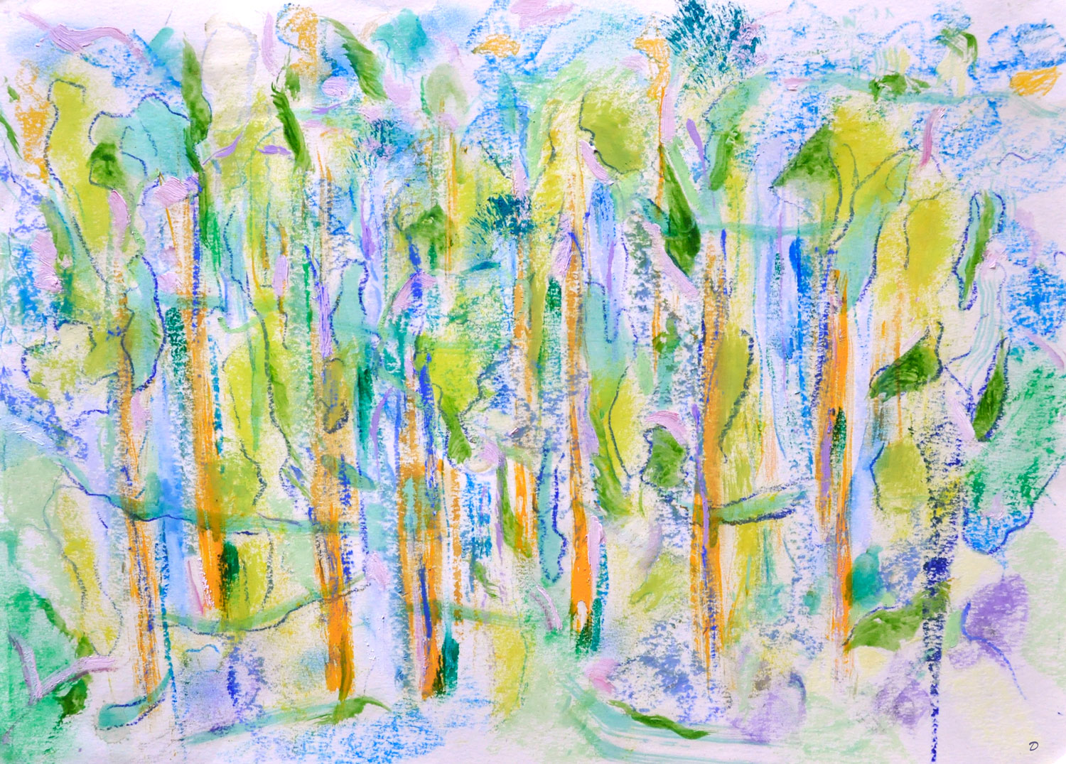Forêt, 37. Huile, pastel à l'huile, pastel tendre et crayon de couleur sur papier. 30x42, 2023