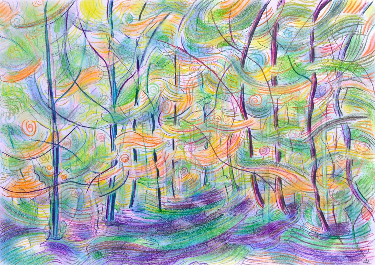 Forêt, 35. Crayon de couleur et pastel tendre sur papier. 30x42, 2023