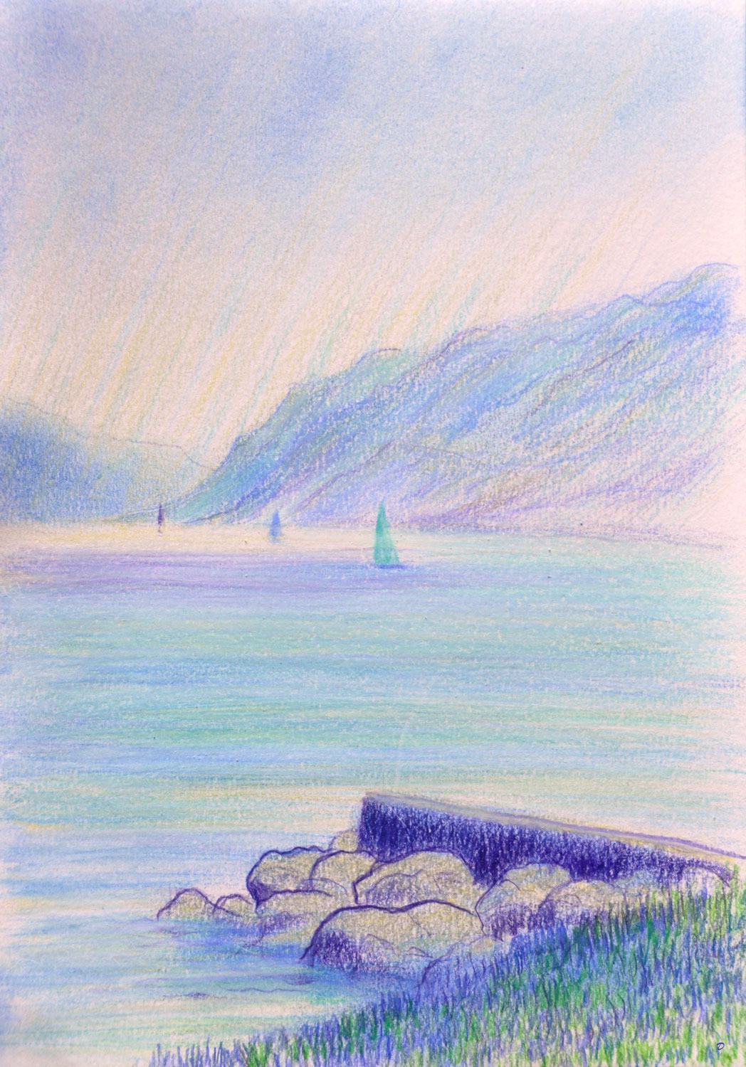 Lac Léman, St Prex, 49. Crayon de couleur et pastel tendre sur papier, 29x21, 2023