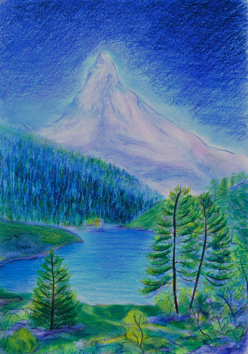 Moosjisee, Zermatt. Crayon de couleur, pastel tendre et pastel à l'huile sur papier, 42x30, 2023