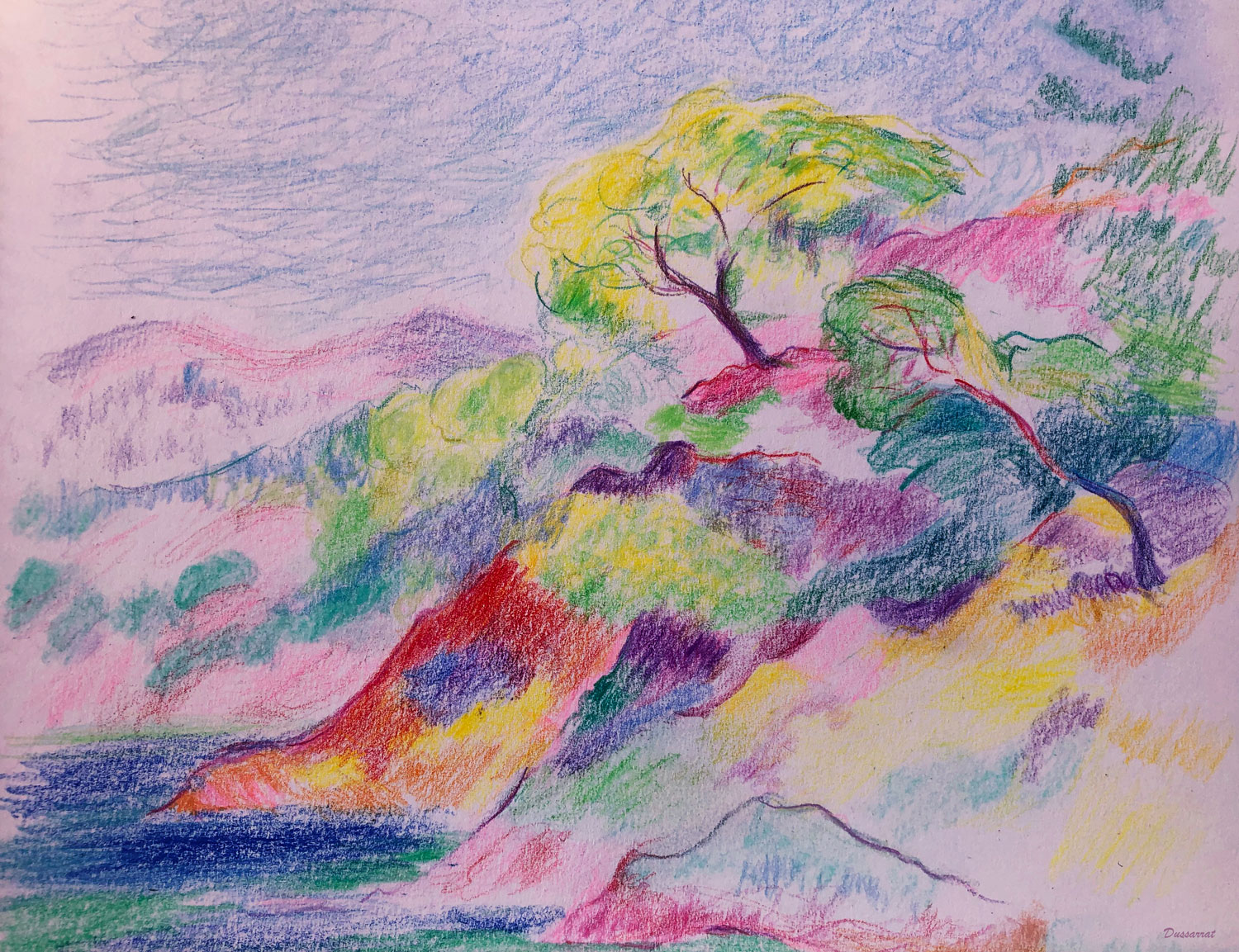 Les roches rouges. Crayon de couleur sur papier. 21x29, 2023. D'après Henri Manguin. Les roches rouges, Cavalière, 1906. Huile sur toile